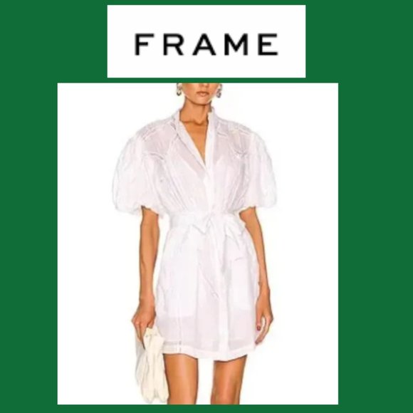 ❤️ FRAME DENIM LACE INSET PUFF SLEEVE WHITE RAMIE LINEN BELTED DRESS POCKETS NWT - Picture 1 of 4